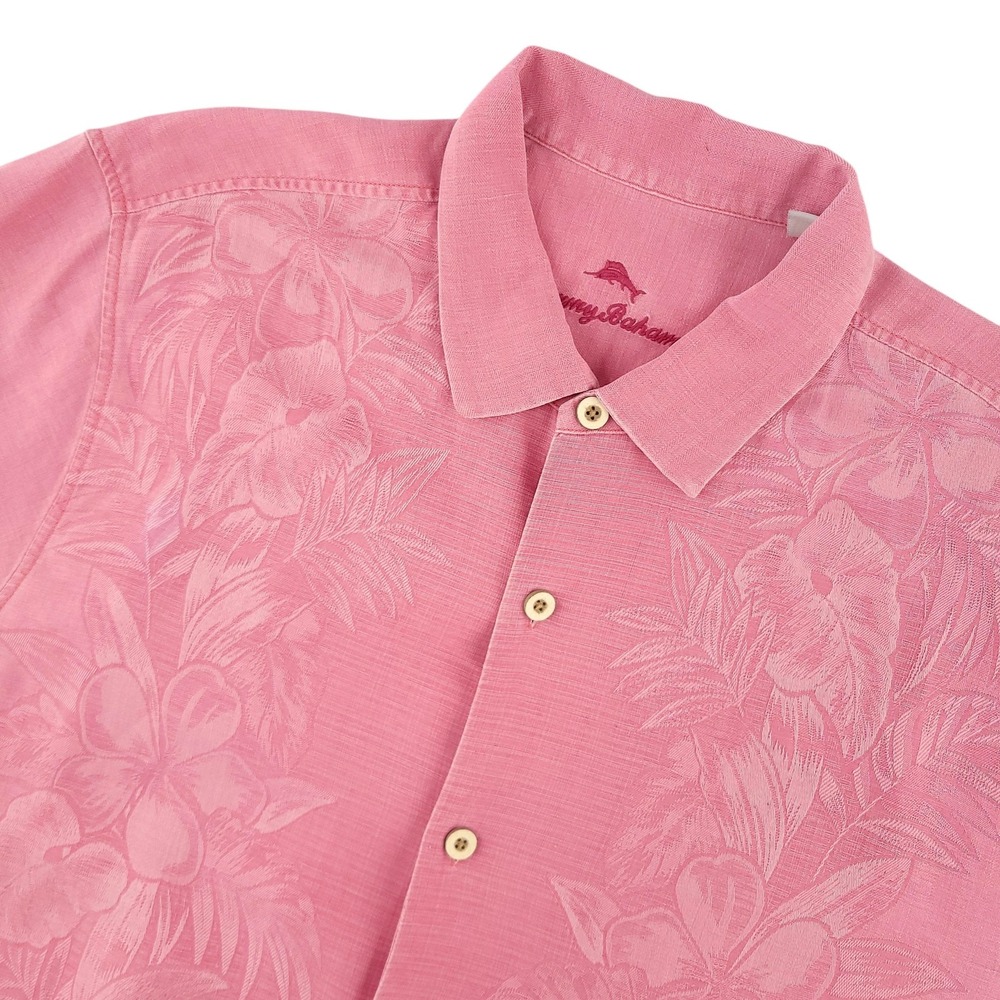 Tommy Bahama Shirt Mens XL Pink Floral Hawaiian Short Sleeve Silk Button Up